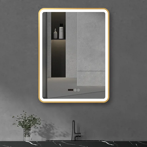Arezzo Brushed Brass 600 X 800mm Rectangular LED Illuminated Anti-Fog Bathroom Mirror With Time Display 5 Arezzo Brushed Brass 600 X 800mm Rectangular LED Illuminated Anti-Fog Bathroom Mirror With Time Display - Image 5