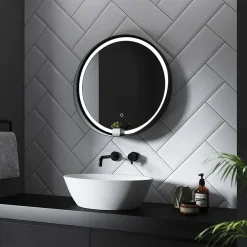 Arezzo Matt Black 600mm Round Colour Changing LED Illuminated Bathroom Mirror With Anti-Fog -Hudson Reed Sales az8930mb d1
