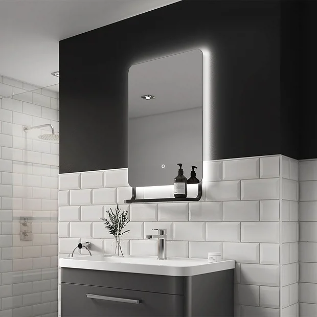 Arezzo Matt Black 800 X 500mm Backlit LED Bathroom Mirror With Hanging Shelf & Anti-Fog 1 Arezzo Matt Black 800 X 500mm Backlit LED Bathroom Mirror With Hanging Shelf & Anti-Fog