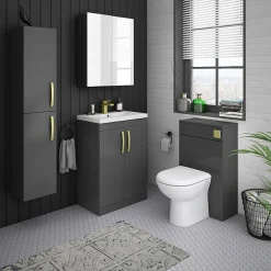 Klyn Bathroom Brooklyn Gloss Grey Wall Hung Tall Storage Cabinet With Brushed Brass Handles