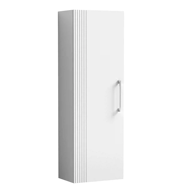 Roxbury Deco Fluted White Wall Hung Tall Storage Cabinet With Chrome Handle 1 Roxbury Deco Fluted White Wall Hung Tall Storage Cabinet With Chrome Handle