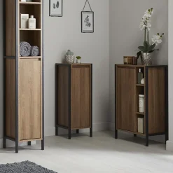 Milan Bathroom Milan Industrial Matt Black Framed Open Shelf Bathroom Storage Unit - Wood Effect
