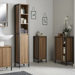 Milan Bathroom Milan Industrial Matt Black Framed 1-Door Bathroom Storage Unit - Wood Effect