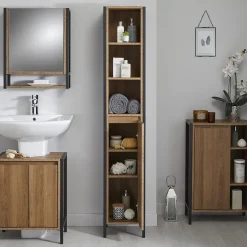 Milan Bathroom Milan Industrial Matt Black Framed Tall Bathroom Storage Unit - Wood Effect