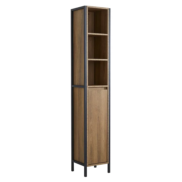 Milan Bathroom Milan Industrial Matt Black Framed Tall Bathroom Storage Unit - Wood Effect 2 Milan Bathroom Milan Industrial Matt Black Framed Tall Bathroom Storage Unit - Wood Effect - Image 2