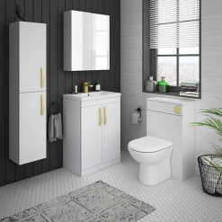 Klyn Bathroom Brooklyn Gloss White Wall Hung Tall Storage Cabinet With Brushed Brass Handles