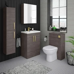 Klyn Bathroom Brooklyn Grey Avola Wall Hung Tall Storage Cabinet With Brushed Brass Handles -Hudson Reed Sales mod562bb n d3