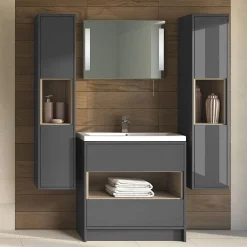 Victorian Plumbing Haywood 1400mm Gloss Grey / Driftwood Wall Hung Tall Unit